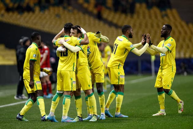 Joie des joueurs de Nantes apres le but de Ludovic Blas (Nantes) FOOTBALL : 8e finale de la Coupe de France - FC Nantes vs Stade Brestois - 28 01 2022 AurelienMorissard Panoramic 