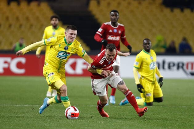 Quentin Merlin (Nantes) vs Faussurier Julien (Stade Brestois) FOOTBALL : 8e finale de la Coupe de France - FC Nantes vs Stade Brestois - 28 01 2022 AurelienMorissard Panoramic 