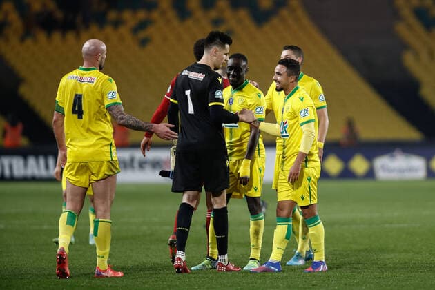 Joie des joueurs de Nantes apres la victoire contre Brest FOOTBALL : 8e finale de la Coupe de France - FC Nantes vs Stade Brestois - 28 01 2022 AurelienMorissard Panoramic 