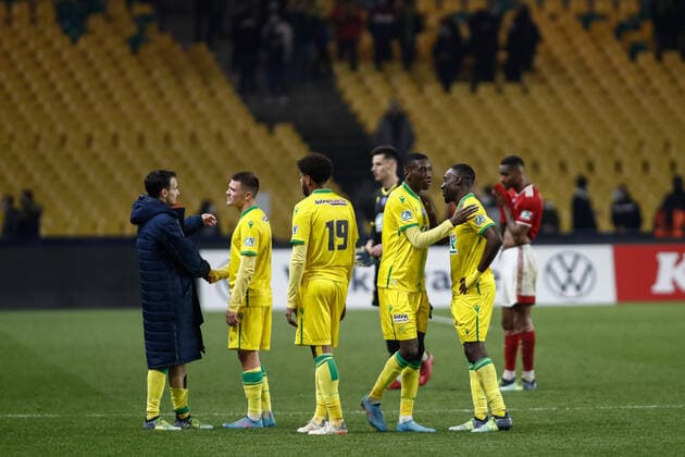 Joie des joueurs de Nantes apres la victoire contre Brest FOOTBALL : 8e finale de la Coupe de France - FC Nantes vs Stade Brestois - 28 01 2022 AurelienMorissard Panoramic 