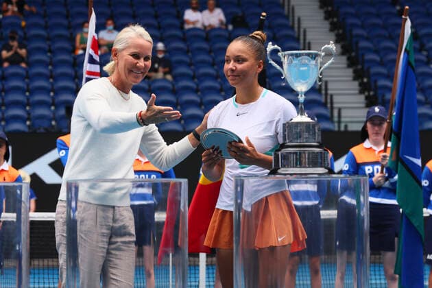 Belgian Sofia Costoulas pictured with her trophy after losing the final in the girls singles between Belgian Costoulas and Croatian Marcinko at the Australian Open Grand Slam tennis tournament, Saturday 29 January 2022 in Melbourne Park, Melbourne, Australia. The 2022 edition of the Australian Grand Slam takes place from January 17th to January 30th. PATRICKxHAMILTON  x6268680x