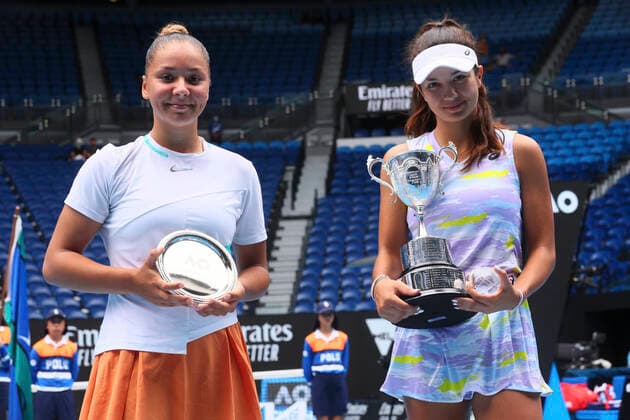 Belgian Sofia Costoulas and Croation Petra Marcinko pictured with their trophy after the final in the girls singles between Belgian Costoulas and Croatian Marcinko at the Australian Open Grand Slam tennis tournament, Saturday 29 January 2022 in Melbourne Park, Melbourne, Australia. The 2022 edition of the Australian Grand Slam takes place from January 17th to January 30th. PATRICKxHAMILTON  x6268937x