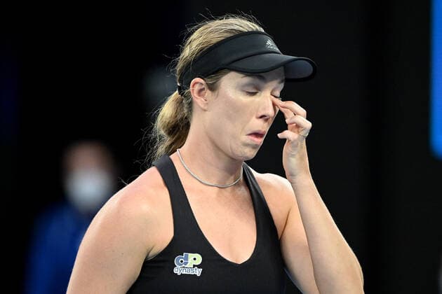 TENNIS AUSTRALIAN OPEN, Danielle Collins of the USA reacts during the Women?s singles final against Ashleigh Barty of Australia on Day 13 of the Australian Open, at Melbourne Park, in Melbourne, Saturday, January 29, 2022. ( NO ARCHIVING, EDITORIAL USE ONLY, NO USE IN BOOKS WITHOUT CONSENT MELBOURNE VIC AUSTRALIA  Copyright: xDAVExHUNTx 20220129001618069941