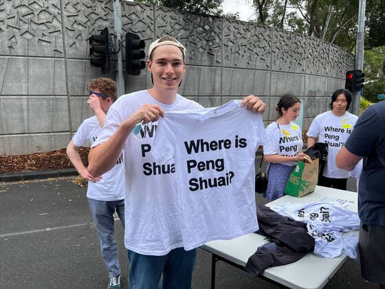 January 29, 2022, Melbourne, Australia: Supporters of Chinese tennis player Peng Shuai hand out T-shirts to the public attending the womenÃ¢â‚¬â ¢s singles final match at the 2022 Australian Open in Melbourne Australia on January 29, 2022. Melbourne Australia - ZUMAl303 0149251375st Copyright: xSydneyxLowx