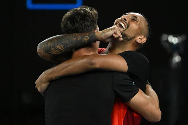 TENNIS AUSTRALIAN OPEN, Nick Kyrgios (right) and Thanasi Kokkinakis of Australia celebrate after winning the Men?s doubles final against Matthew Ebden and Max Purcell of Australia on Day 13 of the Australian Open, at Melbourne Park, in Melbourne, Saturday, January 29, 2022. ( NO ARCHIVING, EDITORIAL USE ONLY, NO USE IN BOOKS WITHOUT CONSENT MELBOURNE VIC AUSTRALIA  Copyright: xDEANxLEWINSx 20220129001618104876