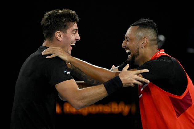 TENNIS AUSTRALIAN OPEN, Nick Kyrgios (right) and Thanasi Kokkinakis of Australia celebrate after winning the Men?s doubles final against Matthew Ebden and Max Purcell of Australia on Day 13 of the Australian Open, at Melbourne Park, in Melbourne, Saturday, January 29, 2022. ( NO ARCHIVING, EDITORIAL USE ONLY, NO USE IN BOOKS WITHOUT CONSENT MELBOURNE VIC AUSTRALIA  Copyright: xDEANxLEWINSx 20220129001618104905