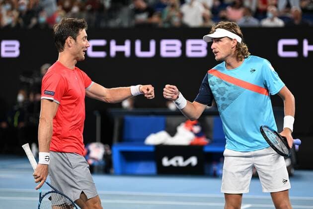 Mandatory Credit: Photo by James Gourley Shutterstock (12778010ff) Matt Ebden and Max Purcell during the Men s Doubles final Australian Open, Day Thirteen, Tennis, Melbourne Park, Melbourne, Australia - 29 Jan 2022 Australian Open, Day Thirteen, Tennis, Melbourne Park, Melbourne, Australia - 29 Jan 2022  Copyright: xJamesxGourley Shutterstockx 12778010ff