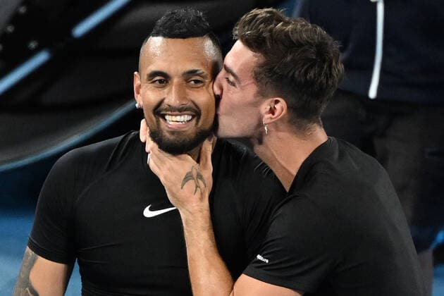 TENNIS AUSTRALIAN OPEN, Nick Kyrgios (left) and Thanasi Kokkinakis of Australia celebrate after winning the Men?s doubles final against Matthew Ebden and Max Purcell of Australia on Day 13 of the Australian Open, at Melbourne Park, in Melbourne, Saturday, January 29, 2022. ( NO ARCHIVING, EDITORIAL USE ONLY, NO USE IN BOOKS WITHOUT CONSENT MELBOURNE VIC AUSTRALIA  Copyright: xDAVExHUNTx 20220129001618105904