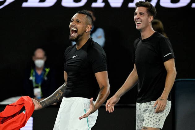 TENNIS AUSTRALIAN OPEN, Nick Kyrgios (left) and Thanasi Kokkinakis of Australia celebrate after winning the Men?s doubles final against Matthew Ebden and Max Purcell of Australia on Day 13 of the Australian Open, at Melbourne Park, in Melbourne, Saturday, January 29, 2022. ( NO ARCHIVING, EDITORIAL USE ONLY, NO USE IN BOOKS WITHOUT CONSENT MELBOURNE VIC AUSTRALIA  Copyright: xDEANxLEWINSx 20220129001618106547