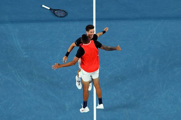 TENNIS AUSTRALIAN OPEN, Nick Kyrgios and Thanasi Kokkinakis of Australia celebrate after winning the Men?s doubles final against Matthew Ebden and Max Purcell of Australia on Day 13 of the Australian Open, at Melbourne Park, in Melbourne, Saturday, January 29, 2022. ( NO ARCHIVING, EDITORIAL USE ONLY, NO USE IN BOOKS WITHOUT CONSENT MELBOURNE VIC AUSTRALIA  Copyright: xJAMESxROSSx 20220130001618108481