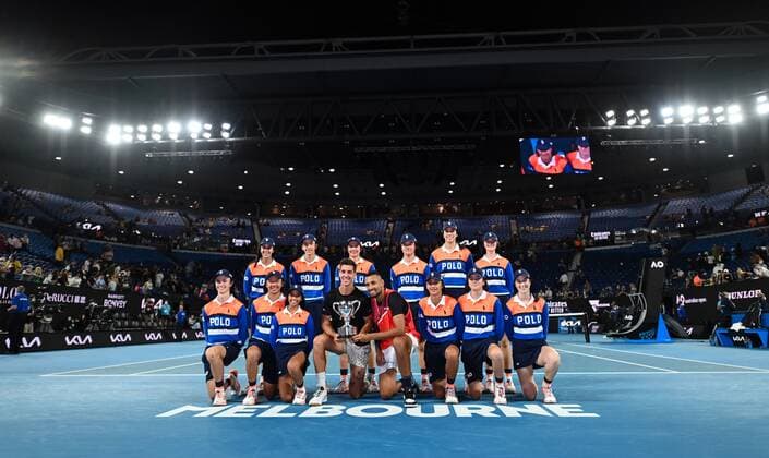 Mandatory Credit: Photo by James Gourley Shutterstock (12778010fj) Nick Kyrgios and Thanasi Kokkinakis celebrate victory in the Men s Doubles final Australian Open, Day Thirteen, Tennis, Melbourne Park, Melbourne, Australia - 29 Jan 2022 Australian Open, Day Thirteen, Tennis, Melbourne Park, Melbourne, Australia - 29 Jan 2022  Copyright: xJamesxGourley Shutterstockx 12778010fj
