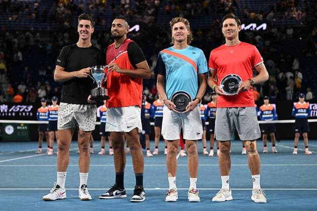 Mandatory Credit: Photo by James Gourley Shutterstock (12778010fl) Nick Kyrgios and Thanasi Kokkinakis celebrate victory in the Men s Doubles final against Matt Ebden and Max Purcell Australian Open, Day Thirteen, Tennis, Melbourne Park, Melbourne, Australia - 29 Jan 2022 Australian Open, Day Thirteen, Tennis, Melbourne Park, Melbourne, Australia - 29 Jan 2022  Copyright: xJamesxGourley Shutterstockx 12778010fl