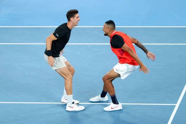 Mandatory Credit: Photo by Ella Ling Shutterstock (12778013ch) Nick Kyrgios and Thanasi Kokkinakis celebrate victory in the Men s Doubles final Australian Open, Day Thirteen, Tennis, Melbourne Park, Melbourne, Australia - 29 Jan 2022 Australian Open, Day Thirteen, Tennis, Melbourne Park, Melbourne, Australia - 29 Jan 2022  Copyright: xEllaxLing Shutterstockx 12778013ch