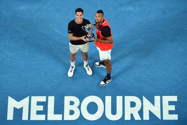 TENNIS AUSTRALIAN OPEN, Thanasi Kokkinakis and Nick Kyrgios of Australia lift the trophy after winning the Men?s doubles final against Matthew Ebden and Max Purcell of Australia on Day 13 of the Australian Open, at Melbourne Park, in Melbourne, Saturday, January 29, 2022. ( NO ARCHIVING, EDITORIAL USE ONLY, NO USE IN BOOKS WITHOUT CONSENT MELBOURNE VIC AUSTRALIA  Copyright: xJAMESxROSSx 20220130001618110419