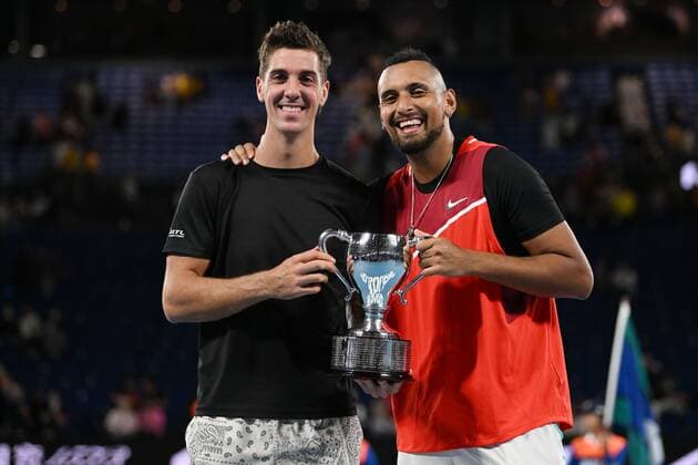Mandatory Credit: Photo by James Gourley Shutterstock (12778010fr) Nick Kyrgios and Thanasi Kokkinakis celebrate victory in the Men s Doubles final Australian Open, Day Thirteen, Tennis, Melbourne Park, Melbourne, Australia - 29 Jan 2022 Australian Open, Day Thirteen, Tennis, Melbourne Park, Melbourne, Australia - 29 Jan 2022  Copyright: xJamesxGourley Shutterstockx 12778010fr