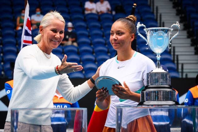 Belgian Sofia Costoulas reacts with her trophy after losing the final in the girls singles between Belgian Costoulas and Croatian Marcinko at the Australian Open Grand Slam tennis tournament, Saturday 29 January 2022 in Melbourne Park, Melbourne, Australia. The 2022 edition of the Australian Grand Slam takes place from January 17th to January 30th. PATRICKxHAMILTON  x6410051x