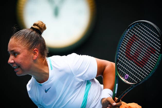 Sofia Costoulas pictured in action at the final in the girls singles between Belgian Costoulas and Croatian Marcinko at the Australian Open Grand Slam tennis tournament, Saturday 29 January 2022 in Melbourne Park, Melbourne, Australia. The 2022 edition of the Australian Grand Slam takes place from January 17th to January 30th. PATRICKxHAMILTON  x6410718x