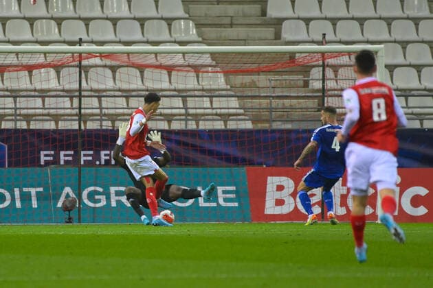 Fußball, Coupe de France, Stade Reims - SC Bastia But de Ekitike Hugo ( 9 - Reims ) - FOOTBALL : Reims vs Bastia - Coupe de France - 29 01 2022 FedericoPestellini Panoramic 