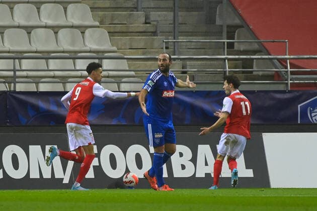 Fußball, Coupe de France, Stade Reims - SC Bastia Joie des joueurs de l equipe de Reims apres le but de Ekitike Hugo ( 9 - Reims ) - FOOTBALL : Reims vs Bastia - Coupe de France - 29 01 2022 FedericoPestellini Panoramic 