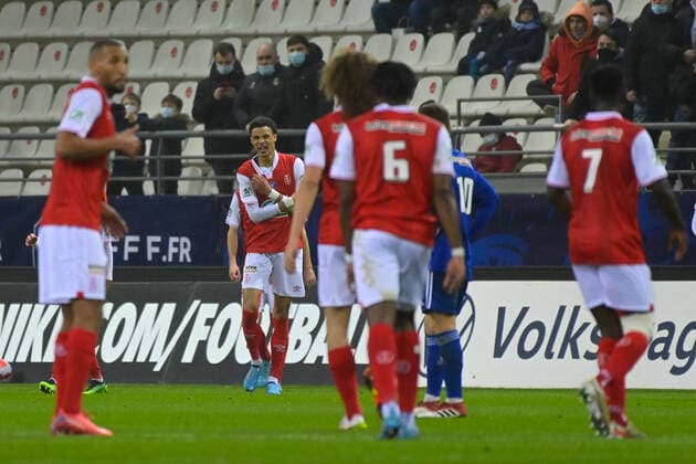 Fußball, Coupe de France, Stade Reims - SC Bastia Joie des joueurs de l equipe de Reims apres le but de Ekitike Hugo ( 9 - Reims ) - FOOTBALL : Reims vs Bastia - Coupe de France - 29 01 2022 FedericoPestellini Panoramic 