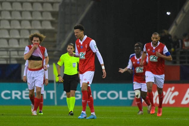 Fußball, Coupe de France, Stade Reims - SC Bastia Joie des joueurs de l equipe de Reims apres le but de Ekitike Hugo ( 9 - Reims ) - FOOTBALL : Reims vs Bastia - Coupe de France - 29 01 2022 FedericoPestellini Panoramic 