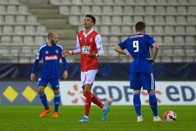 Fußball, Coupe de France, Stade Reims - SC Bastia Attitude - Joie de Ekitike Hugo ( 9 - Reims ) - FOOTBALL : Reims vs Bastia - Coupe de France - 29 01 2022 FedericoPestellini Panoramic 