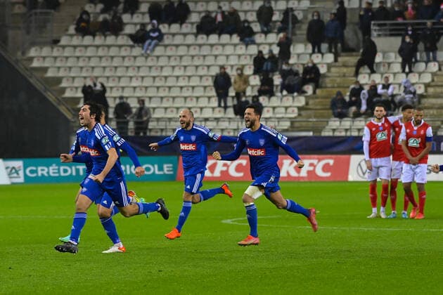 Fin du match - Joie des joueurs de l equipe du Bastia apres sa victoire - FOOTBALL : Reims vs Bastia - Coupe de France - 29 01 2022 FedericoPestellini Panoramic 