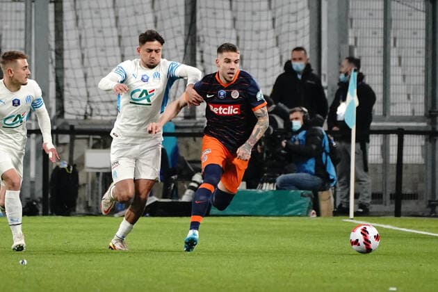 Mihailo Ristic (Montpellier FC) - Cengiz Under (Olympique de Marseille) FOOTBALL : Olympique de Marseille vs Montpellier - de 8 eme de finale Coupe de France - Marseille - 29 02 2022 NorbertScanella Panoramic 