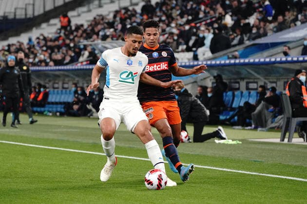William Saliba (Olympique de Marseille) - Nicholas Giocchini (Montpellier FC) FOOTBALL : Olympique de Marseille vs Montpellier - de 8 eme de finale Coupe de France - Marseille - 29 02 2022 NorbertScanella Panoramic 