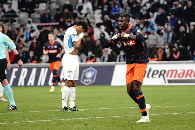 Joie - Beni Makouana (Montpellier FC) FOOTBALL : Olympique de Marseille vs Montpellier - de 8 eme de finale Coupe de France - Marseille - 29 02 2022 NorbertScanella Panoramic 