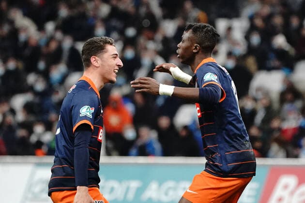 Joie - Beni Makouana (Montpellier FC) - Joris Chotard (Montpellier) FOOTBALL : Olympique de Marseille vs Montpellier - de 8 eme de finale Coupe de France - Marseille - 29 02 2022 NorbertScanella Panoramic 