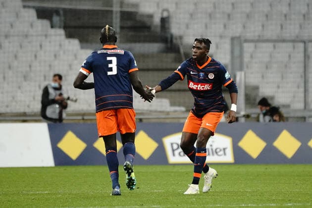 Joie - Beni Makouana (Montpellier FC) - Mamadou Sakho (Montpellier FC) FOOTBALL : Olympique de Marseille vs Montpellier - de 8 eme de finale Coupe de France - Marseille - 29 02 2022 NorbertScanella Panoramic 