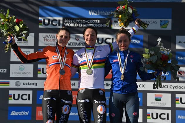 Bilder des Jahres 2022, Sport 01 Januar Sport Themen der Woche KW04 Sport Bilder des Tages Dutch Lucinda Brand , winner of the silver medal, Dutch Marianne Vos , winner of the gold medal and Italian Silvia Persico , winner of the bronze medal pictured on the podium of the women s elite race at the World Championship, WM, Weltmeisterschaft cyclocross cycling in Fayetteville, Arkansas, United States, Saturday 29 January 2022. The world championships are taking place from 28 until 30 January. DAVIDxSTOCKMAN  x6497617x