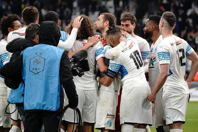 Joie - Equipe de marseille FOOTBALL : Olympique de Marseille vs Montpellier - de 8 eme de finale Coupe de France - Marseille - 29 02 2022 NorbertScanella Panoramic 
