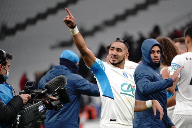 Joie - Dimitri Payet (Olympique de Marseille) FOOTBALL : Olympique de Marseille vs Montpellier - de 8 eme de finale Coupe de France - Marseille - 29 02 2022 NorbertScanella Panoramic 