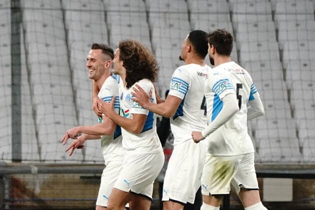 Joie - Krystian Arkadiusz Milik (Olympique de Marseille) - Matteo Guendouzi (Olympique de Marseille) FOOTBALL : Olympique de Marseille vs Montpellier - de 8 eme de finale Coupe de France - Marseille - 29 02 2022 NorbertScanella Panoramic 