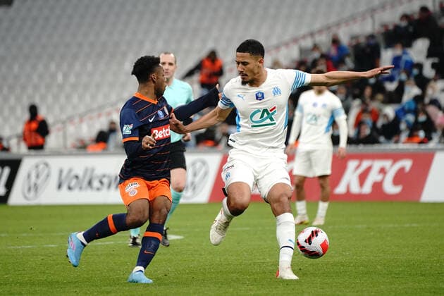 Elye Wahi (Montpellier FC) - William Saliba (Olympique de Marseille) FOOTBALL : Olympique de Marseille vs Montpellier - de 8 eme de finale Coupe de France - Marseille - 29 02 2022 NorbertScanella Panoramic 