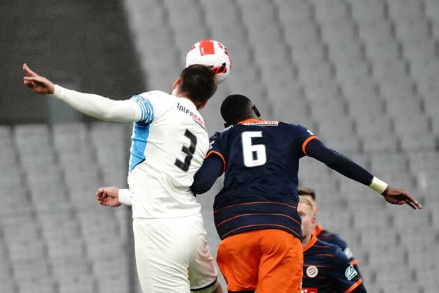 Duje Caleta Car (Olympique de Marseille) - Junior Samba (Montpellier FC) FOOTBALL : Olympique de Marseille vs Montpellier - de 8 eme de finale Coupe de France - Marseille - 29 02 2022 NorbertScanella Panoramic 
