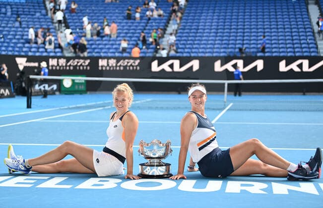 Mandatory Credit: Photo by James Gourley Shutterstock (12778011ab) Barbora Krejcikova and Katerina Siniakova celebrate winning the Womens Doubles final Australian Open, Day Fourteen, Tennis, Melbourne Park, Melbourne, Australia - 30 Jan 2022 Australian Open, Day Fourteen, Tennis, Melbourne Park, Melbourne, Australia - 30 Jan 2022  Copyright: xJamesxGourley Shutterstockx 12778011ab