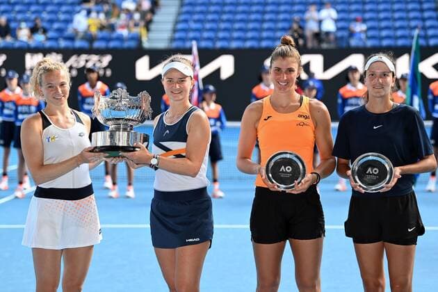 Mandatory Credit: Photo by James Gourley Shutterstock (12778011ae) Barbora Krejcikova and Katerina Siniakova celebrate winning the Womens Doubles final against Anna Danilina and Beatriz Haddad Australian Open, Day Fourteen, Tennis, Melbourne Park, Melbourne, Australia - 30 Jan 2022 Australian Open, Day Fourteen, Tennis, Melbourne Park, Melbourne, Australia - 30 Jan 2022  Copyright: xJamesxGourley Shutterstockx 12778011ae
