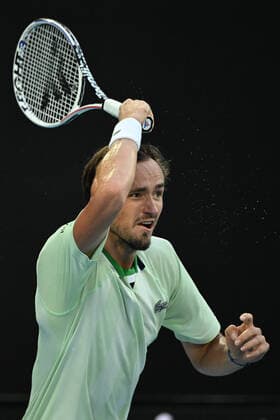 TENNIS AUSTRALIAN OPEN, Russia?s Daniil Medvedev plays a shot during the men?s singles final with Spain?s Rafael Nadal on Day 14 of the Australian Open at Melbourne Park in Melbourne, Saturday, January 29, 2022. ( NO ARCHIVING, EDITORIAL USE ONLY, NO USE IN BOOKS WITHOUT CONSENT MELBOURNE VIC AUSTRALIA  Copyright: xDEANxLEWINSx 20220130001618403690