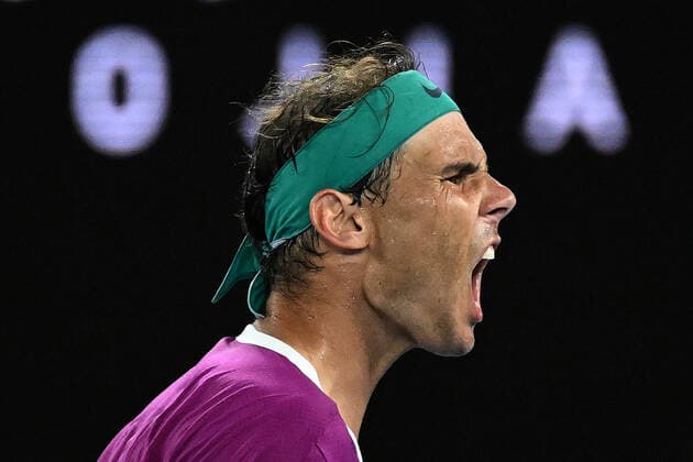 TENNIS AUSTRALIAN OPEN, Rafael Nadal of Spain celebrates winning the third set during the men?s singles final against Daniil Medveded of Russia on Day 14 of the Australian Open at Melbourne Park in Melbourne, Saturday, January 29, 2022. ( NO ARCHIVING, EDITORIAL USE ONLY, NO USE IN BOOKS WITHOUT CONSENT MELBOURNE VIC AUSTRALIA  Copyright: xDEANxLEWINSx 20220130001618426276