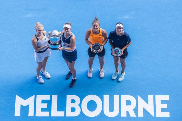 (220130) -- MELBOURNE, Jan. 30, 2022 -- Barbora Krejcikova Katerina Siniakova of the Czech Republic pose with Anna Danilina of Kazakhstan Beatriz Haddad Maia of Brazil after winning the women s doubles final match at Australian Open in Melbourne, Australia, on Jan. 30, 2022. (Photo by Xinhua) (SP)AUSTRALIA-MELBOURNE-TENNIS-AUSTRALIAN OPEN-WOMEN S DOUBLES-FINAL HuxJingchen 
