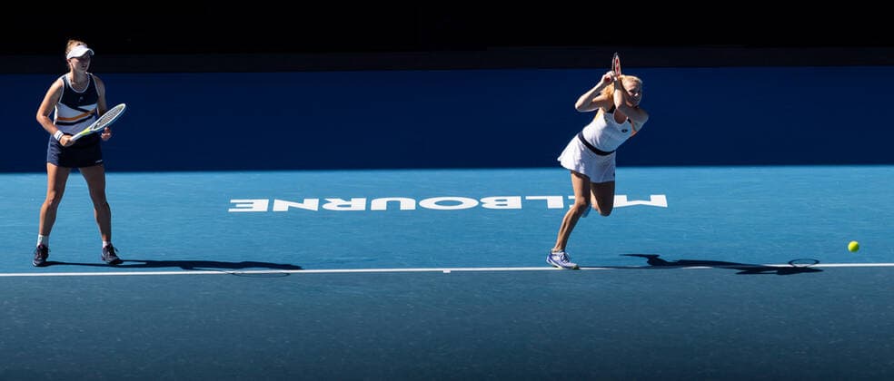 (220130) -- MELBOURNE, Jan. 30, 2022 -- Barbora Krejcikova Katerina Siniakova (R) of the Czech Republic compete during the women s doubles final match against Anna Danilina of Kazakhstan Beatriz Haddad Maia of Brazil at Australian Open in Melbourne, Australia, on Jan. 30, 2022. (Photo by Xinhua) (SP)AUSTRALIA-MELBOURNE-TENNIS-AUSTRALIAN OPEN-WOMEN S DOUBLES-FINAL HuxJingchen 