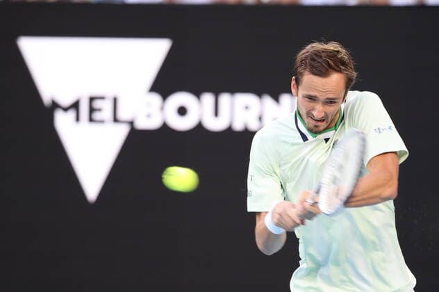 (220130) -- MELBOURNE, Jan. 30, 2022 -- Medvedev of Russia competes during the men s singles final match between Rafael Nadal of Spain and Daniil Medvedev of Russia at Australian Open in Melbourne Park, in Melbourne, Australia, on Jan. 30, 2022. ) (SP)AUSTRALIA-MELBOURNE-TENNIS-AUSTRALIAN OPEN-MEN S SINGLES-FINALS BaixXuefei 