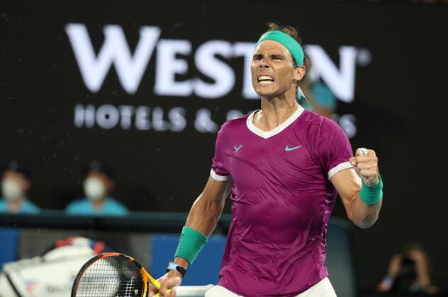 (220130) -- MELBOURNE, Jan. 30, 2022 -- Rafael Nadal of Spain reacts during the men s singles final match between Rafael Nadal of Spain and Daniil Medvedev of Russia at Australian Open in Melbourne Park, in Melbourne, Australia, on Jan. 30, 2022. ) (SP)AUSTRALIA-MELBOURNE-TENNIS-AUSTRALIAN OPEN-MEN S SINGLES-FINALS BaixXuefei 