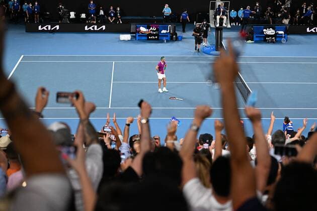 Mandatory Credit: Photo by James Gourley Shutterstock (12778011fr) Rafael Nadal celebrates victory in the Men s Singles final Australian Open, Day Fourteen, Tennis, Melbourne Park, Melbourne, Australia - 30 Jan 2022 Australian Open, Day Fourteen, Tennis, Melbourne Park, Melbourne, Australia - 30 Jan 2022 Copyright: xJamesxGourley Shutterstockx 12778011fr