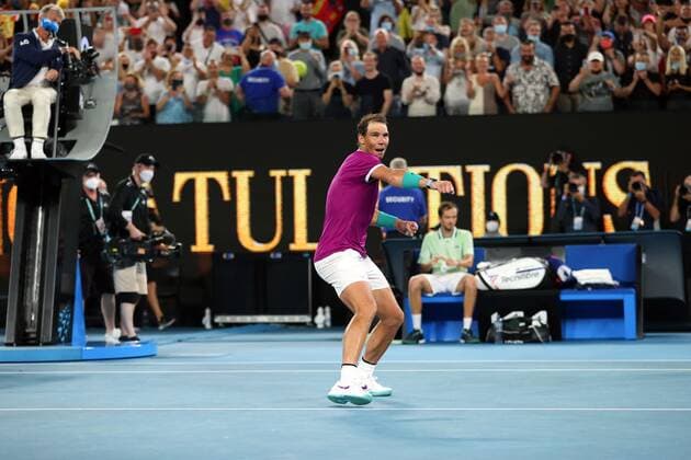 Mandatory Credit: Photo by Ella Ling Shutterstock (12778014ed) Rafael Nadal celebrates victory in the Men s Singles final Australian Open, Day Fourteen, Tennis, Melbourne Park, Melbourne, Australia - 30 Jan 2022 Australian Open, Day Fourteen, Tennis, Melbourne Park, Melbourne, Australia - 30 Jan 2022 Copyright: xEllaxLing Shutterstockx 12778014ed