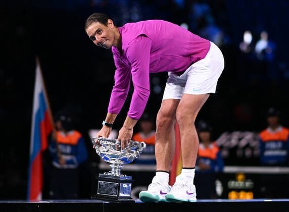 Mandatory Credit: Photo by James Gourley Shutterstock (12778011hb) Rafael Nadal celebrates victory in the Men s Singles final with the Norman Brookes Challenge Cup Australian Open, Day Fourteen, Tennis, Melbourne Park, Melbourne, Australia - 30 Jan 2022 Australian Open, Day Fourteen, Tennis, Melbourne Park, Melbourne, Australia - 30 Jan 2022 Copyright: xJamesxGourley Shutterstockx 12778011hb