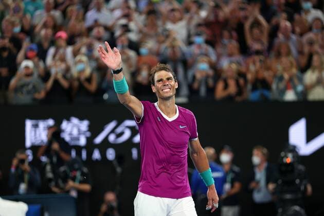Mandatory Credit: Photo by Ella Ling Shutterstock (12778014ex) Rafael Nadal celebrates victory in the Men s Singles final Australian Open, Day Fourteen, Tennis, Melbourne Park, Melbourne, Australia - 30 Jan 2022 Australian Open, Day Fourteen, Tennis, Melbourne Park, Melbourne, Australia - 30 Jan 2022 Copyright: xEllaxLing Shutterstockx 12778014ex